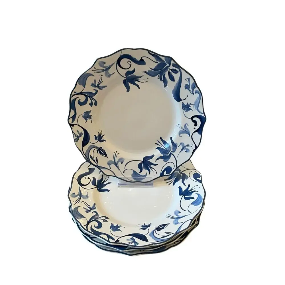 New 222 Fifth AYLA Blue Floral Porcelain 8.5in Salad Plates Scalloped Set of 4